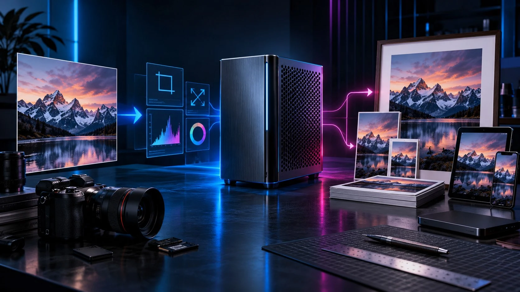 Illustration of photographs prepared for different uses in a local desktop workspace